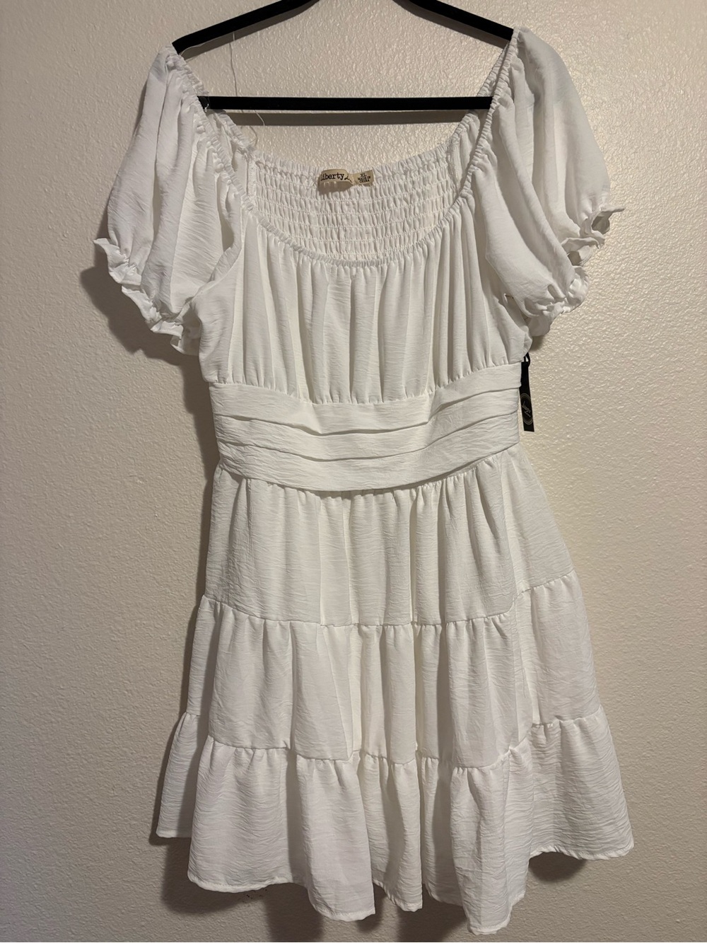 liberty White off the shoulder Neck Puff-Sleeve Tiered Mini Dress